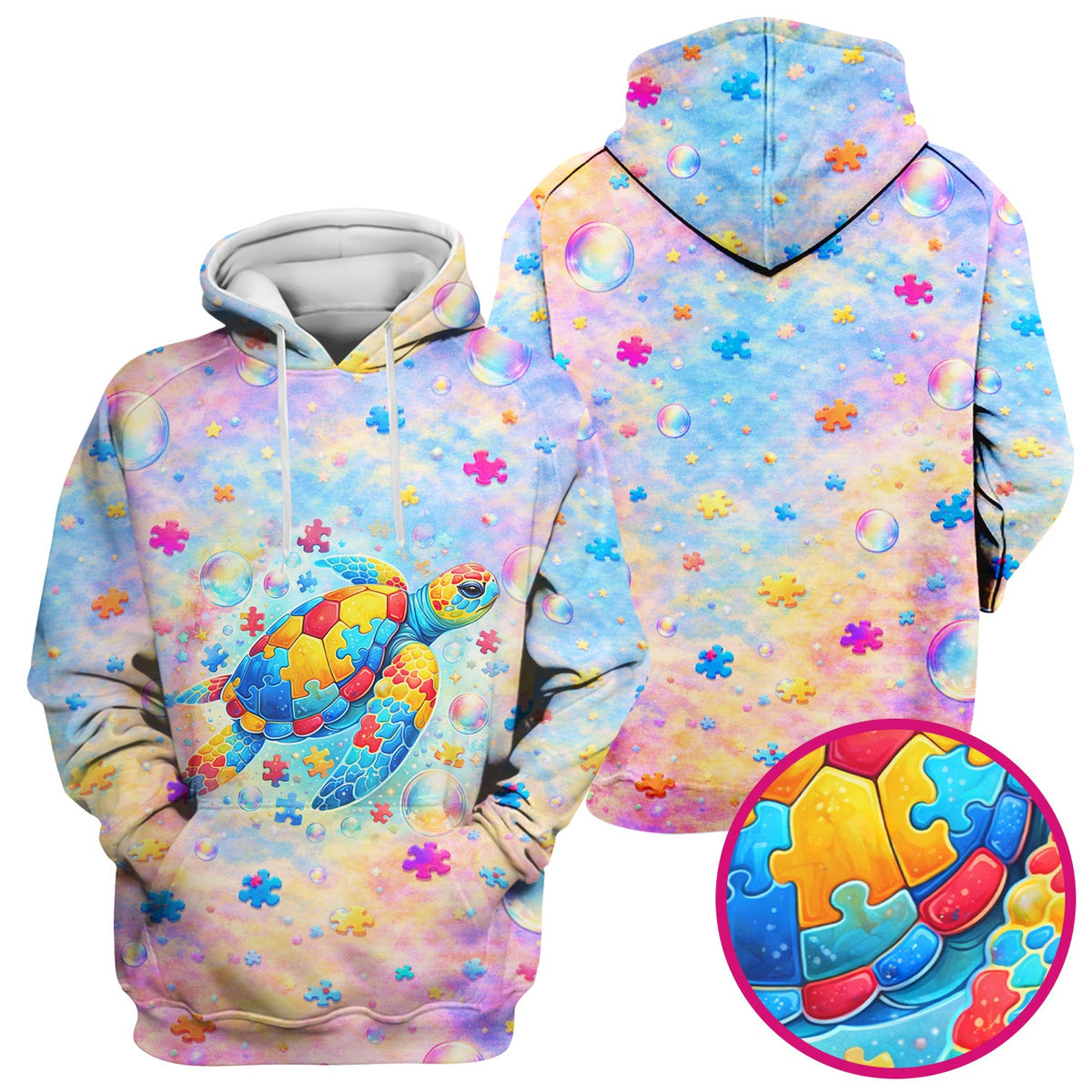 Autism Puzzle Sea Turtle Pastel Rainbow Print Scrub Top, Comfortable Scrubs for Nurses