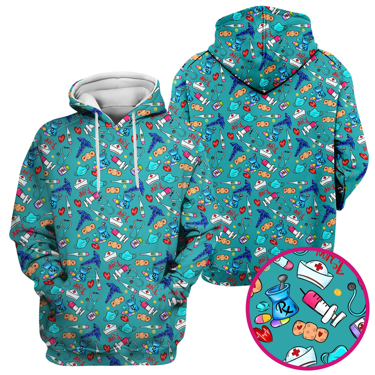 Nurse Medical Icons Stethoscope Heart Pattern Scrub Top, Comfortable Scrubs for Nurses