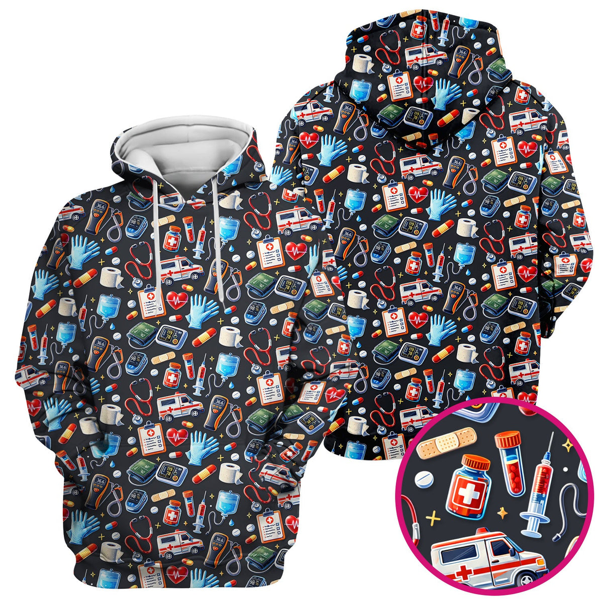 Medical Tools Pattern Ambulance Stethoscope Scrub Top, Comfortable Scrubs for Nurses