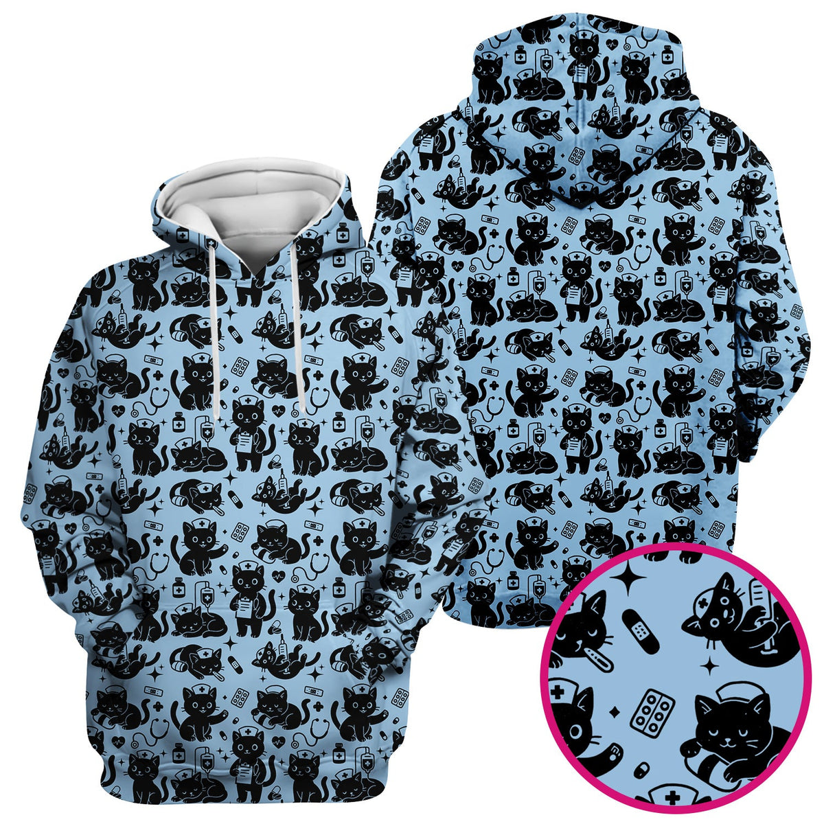 Cute Black Cat Nurse Pattern Scrub Top, Breathable Fabrics Nursing Uniform