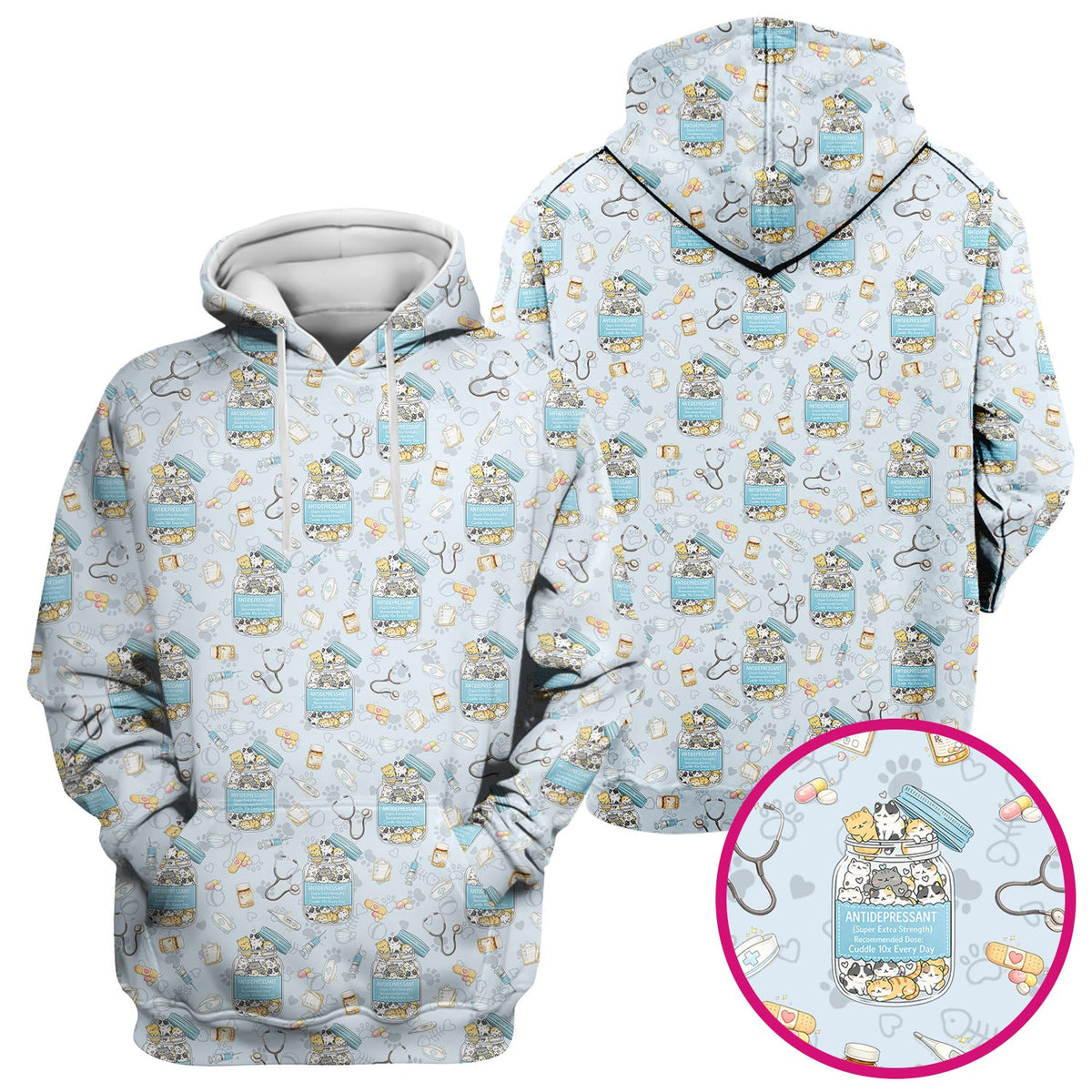 Cute Antidepressant Cat Jar Print Nurse Scrub Top, Breathable Fabrics Nursing Uniform