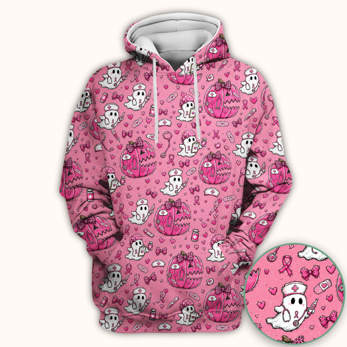 Pink Ribbon Ghost Pattern Nurse Scrub Top