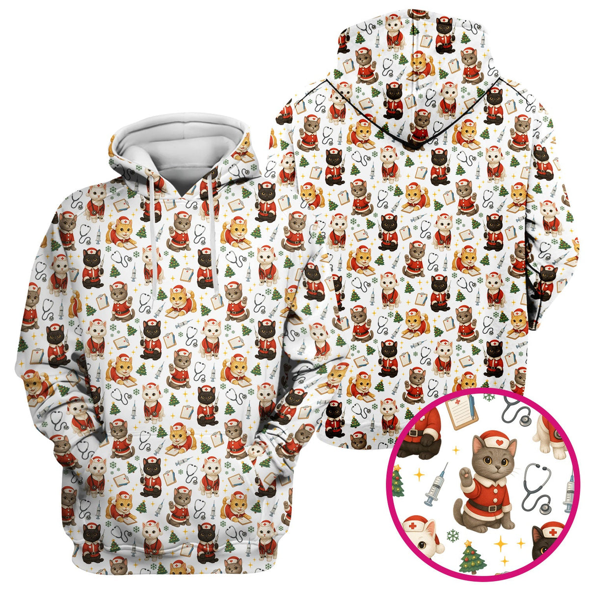 Funny Nurse Scrub Top for Women - Christmas Lucky Cat Design - Cute Holiday Nursing Shirt Gift for RN LPN CNA