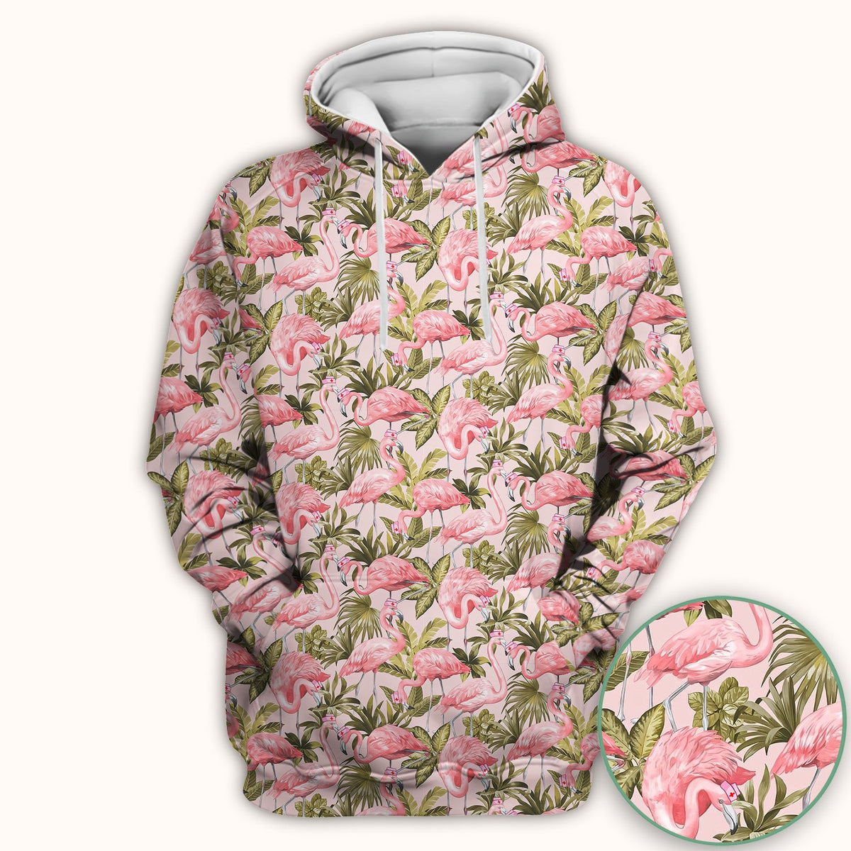 Pink Flamingo Jungle Leaves Nurse Scrub Top