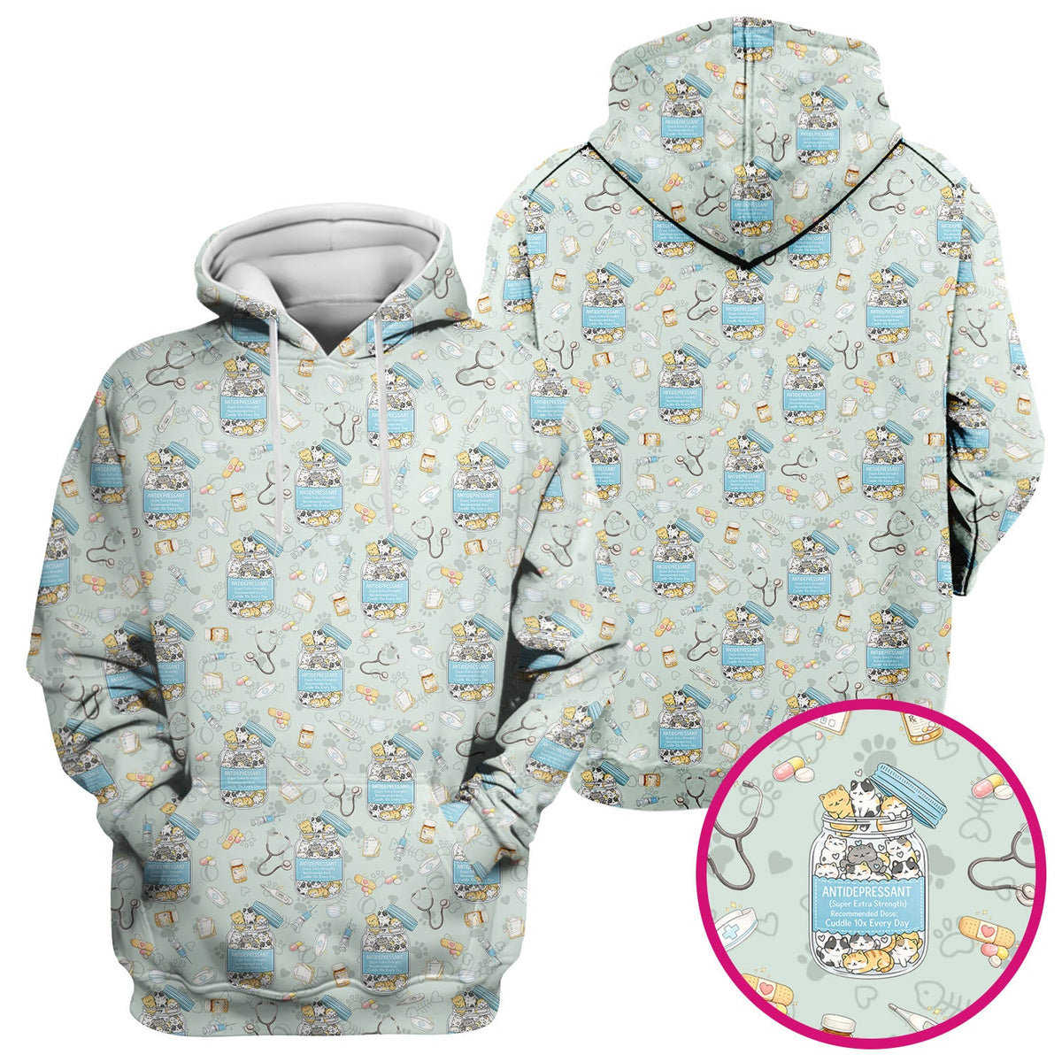 Cute Antidepressant Cat Jar Print Nurse Scrub Top, Breathable Fabrics Nursing Uniform