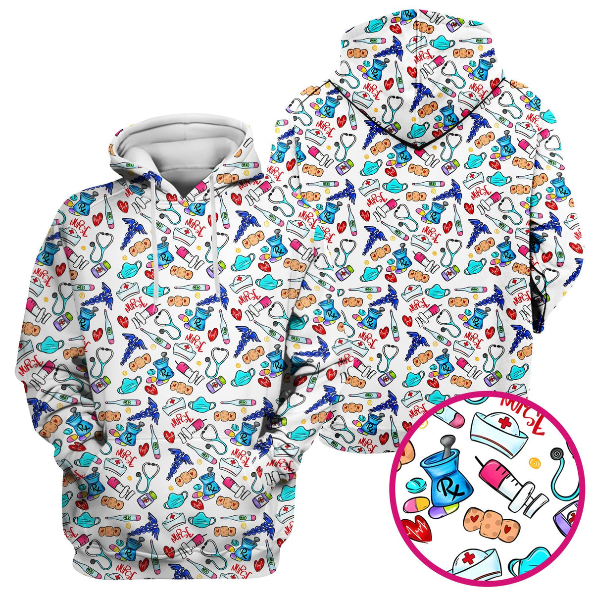 Nurse Medical Icons Stethoscope Heart Pattern Scrub Top, Comfortable Scrubs for Nurses