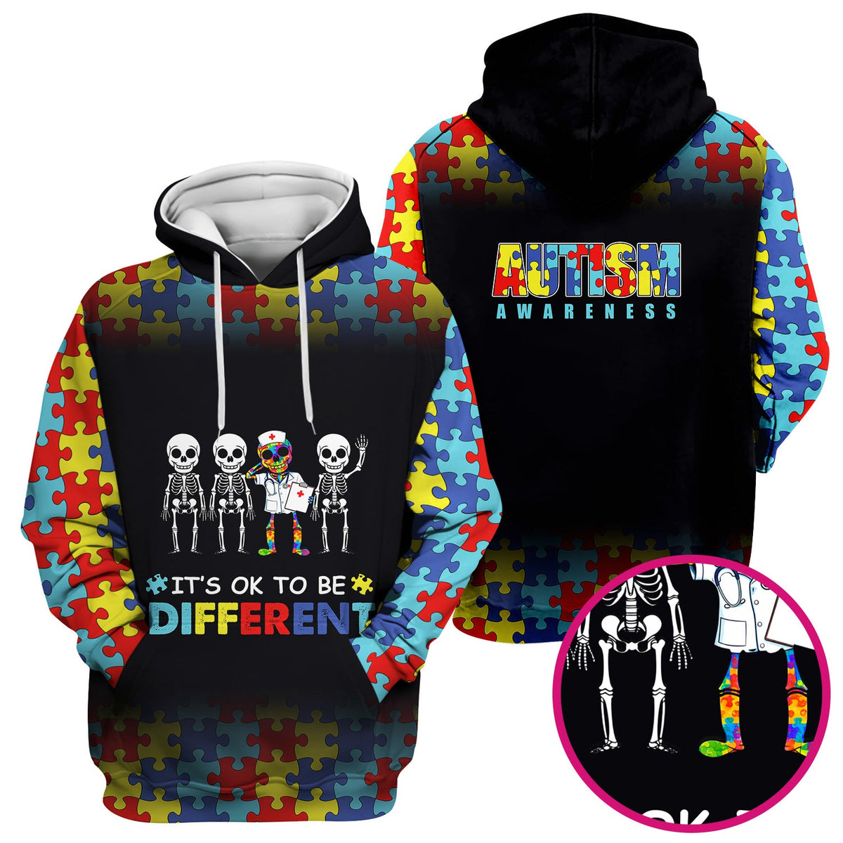 Autism Puzzle Skeleton It's OK To Be Different Nurse Scrub Top
