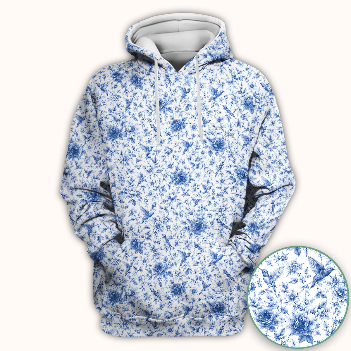 Blue Floral Hummingbird Toile Nurse Scrub Top