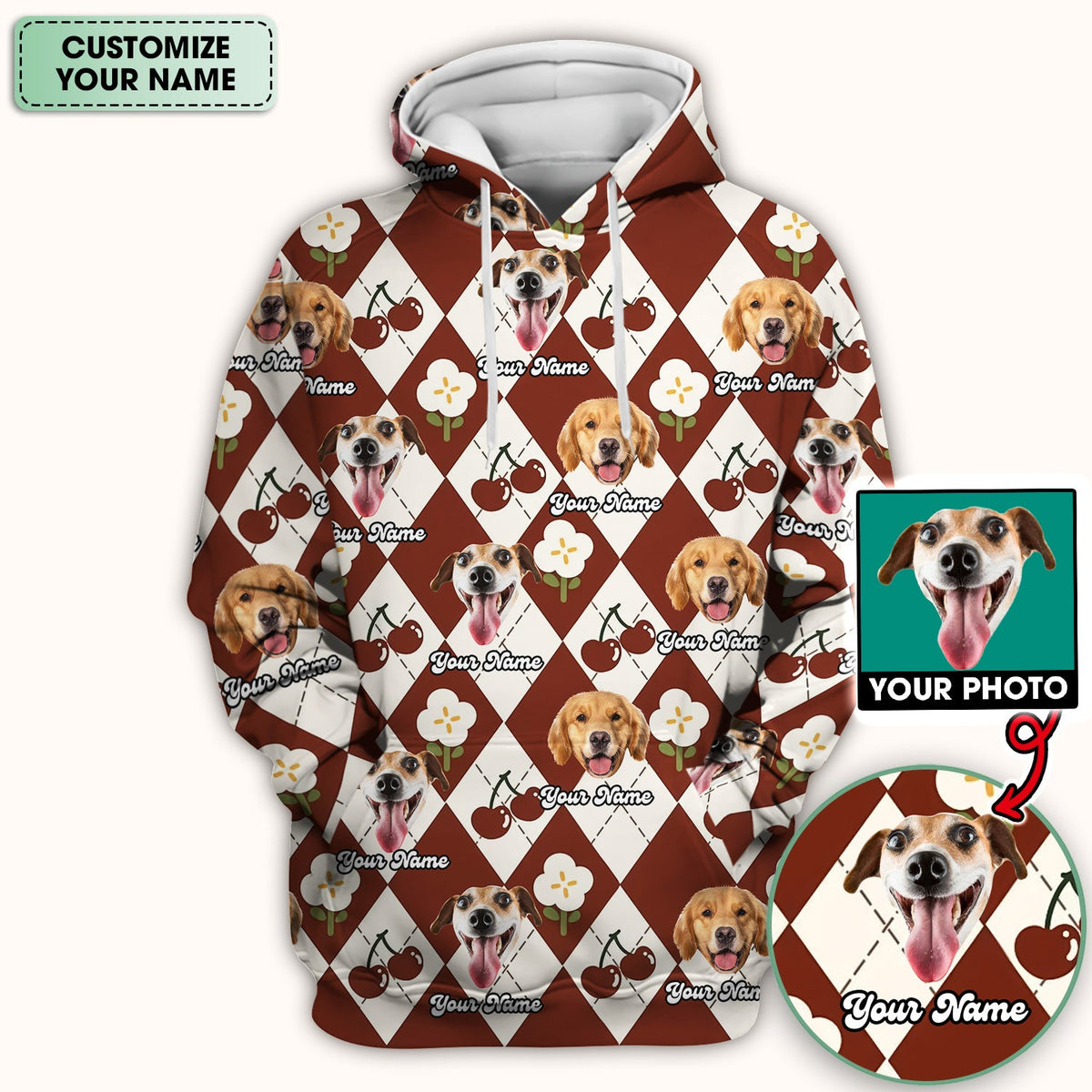 Dog Face Cherry Argyle Nurse Scrub Top