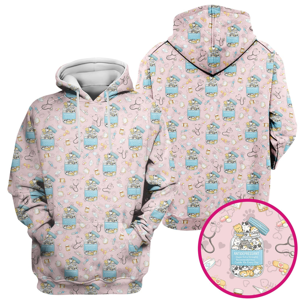 Cute Antidepressant Cat Jar Print Nurse Scrub Top, Breathable Fabrics Nursing Uniform