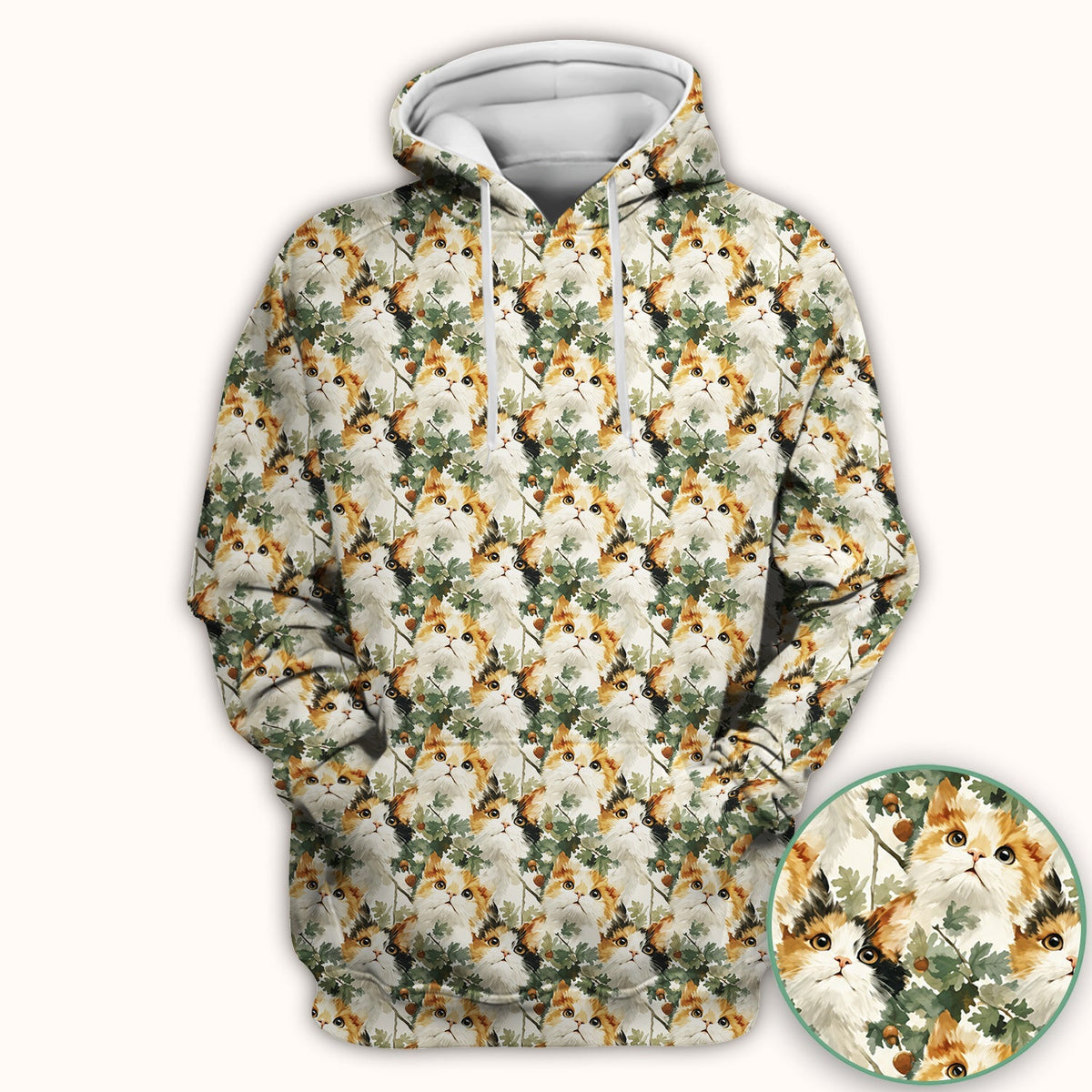 Fluffy Calico Cat Oak Leaves Nurse Scrub Top