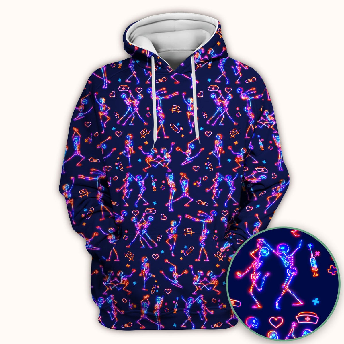 Neon Dancing Skeleton Medical Pattern Scrub Top, Comfortable Scrubs for Nurses