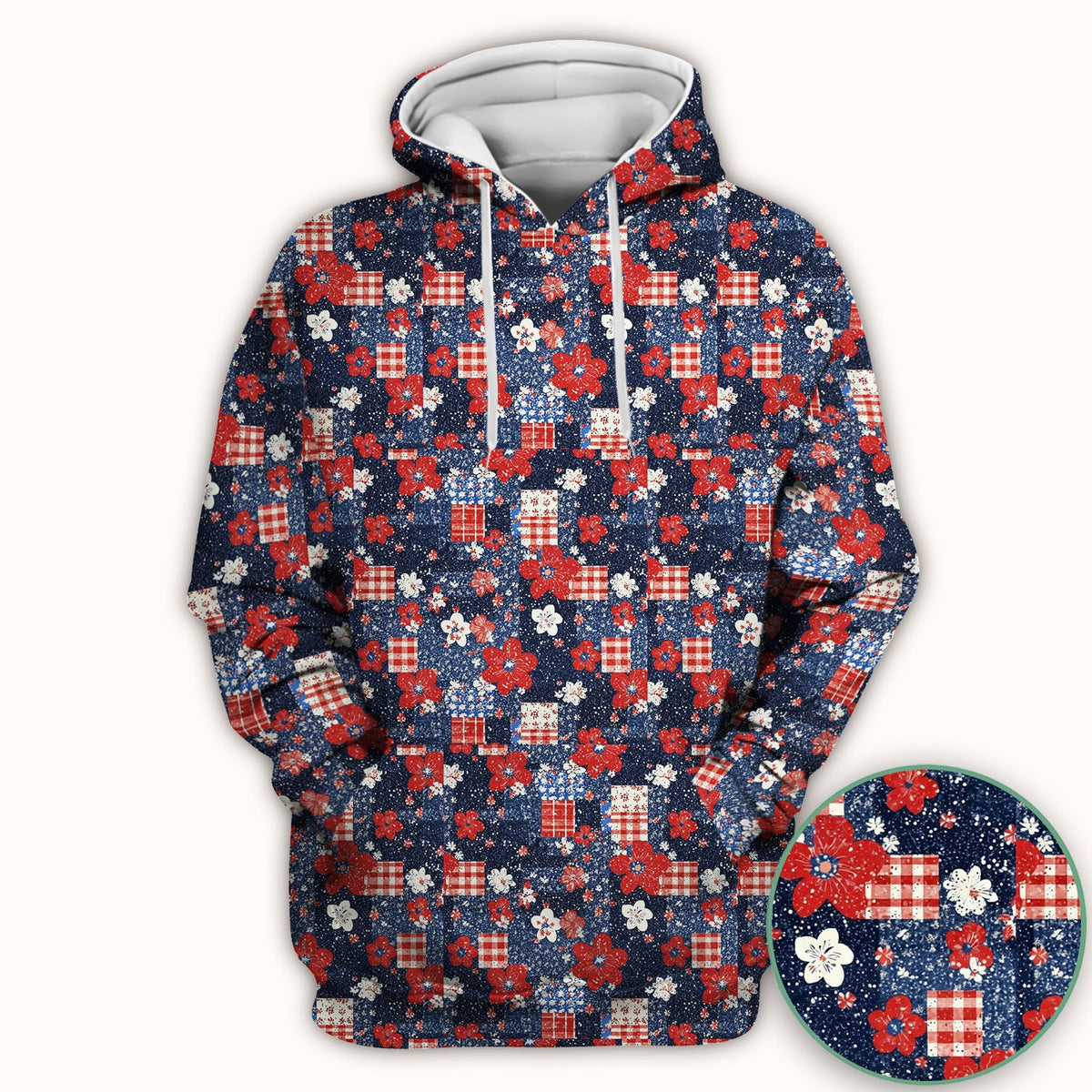Patriotic Gingham Floral Patchwork Pattern Scrub Top, Comfortable Scrubs for Nurses