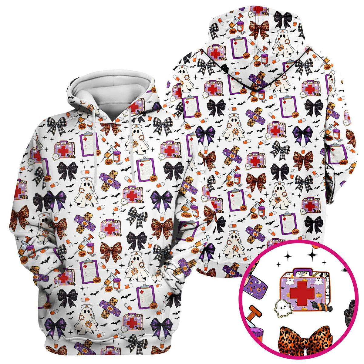 Spooky Ghost Pumpkin Bow Nurse Scrub Top