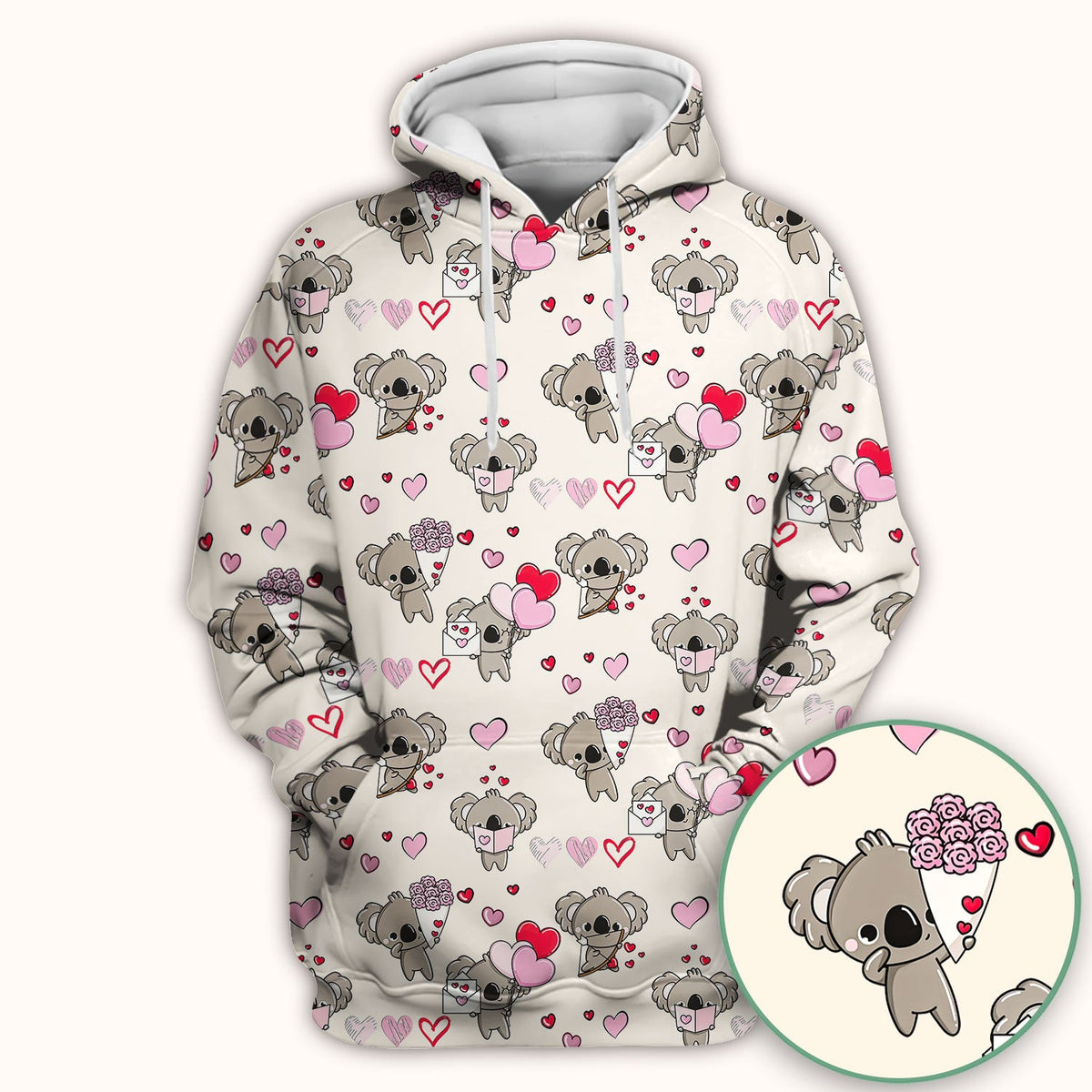 Valentine Koala Holding Flowers Cute Print Scrub Top, Comfortable Scrubs for Nurses