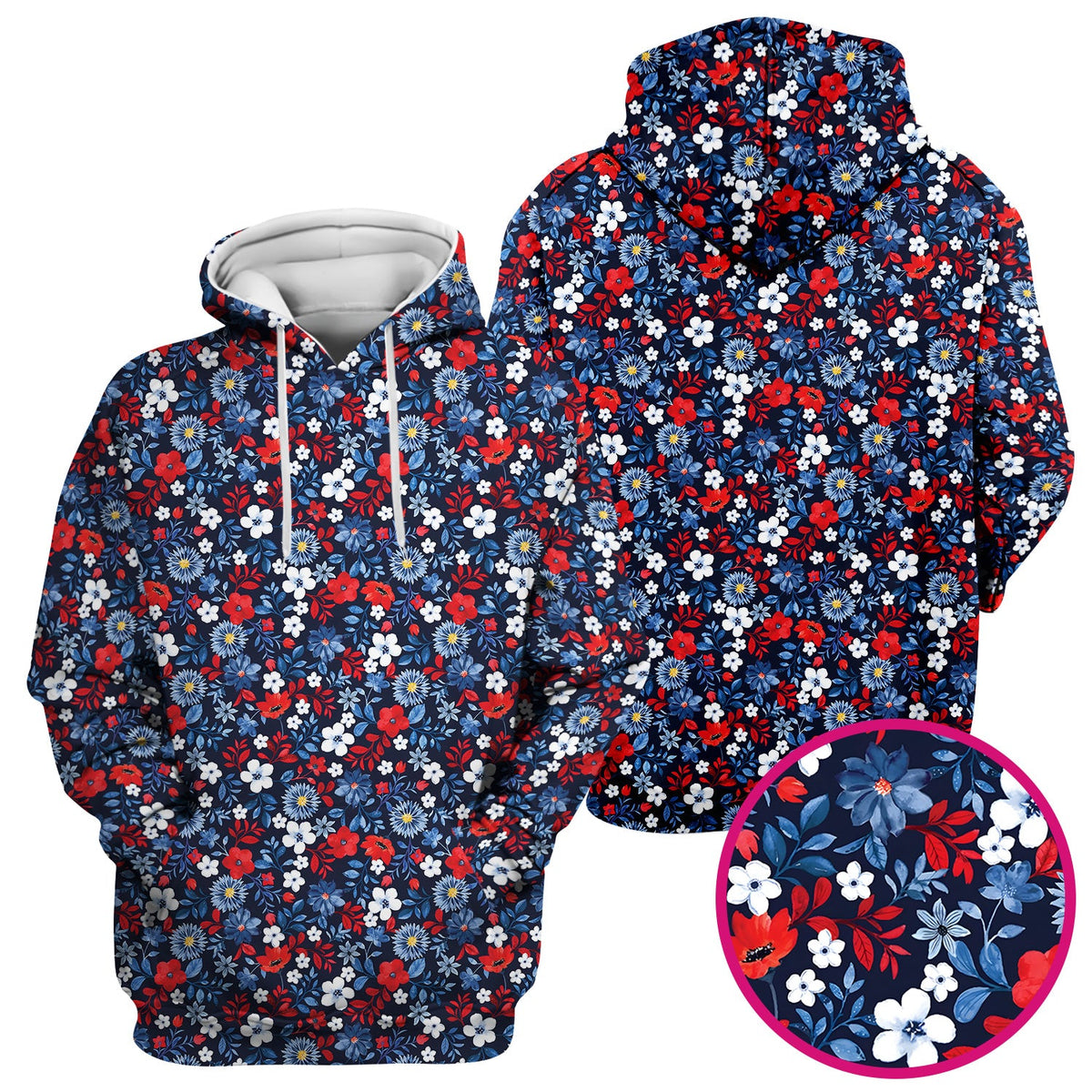 Classic Floral Print V Neck Scrub Top for Nurses, Blue Red Medical Uniform