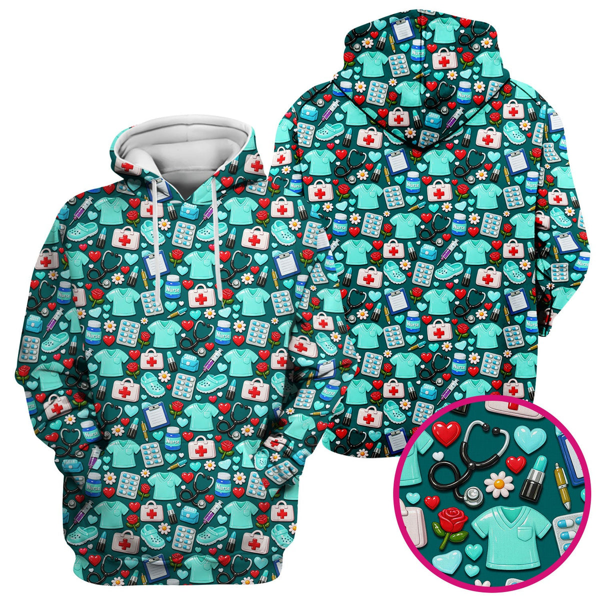 Medical Icons Scrub Top, Cute Pattern Nurse Shirt, Breathable Fabrics Nursing Uniform