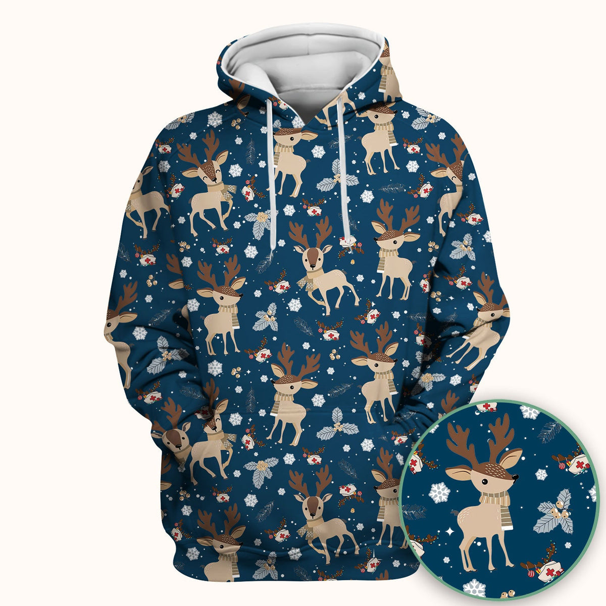 Reindeer Christmas Scrub Top - Cozy Beige Holiday Nurse Shirt with Cute Deer Pattern - Festive Medical Scrubs for Women RN CNA LPN