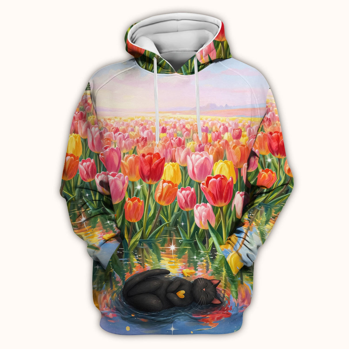 Sleeping Black Cat Tulip Field Nurse Scrub Top