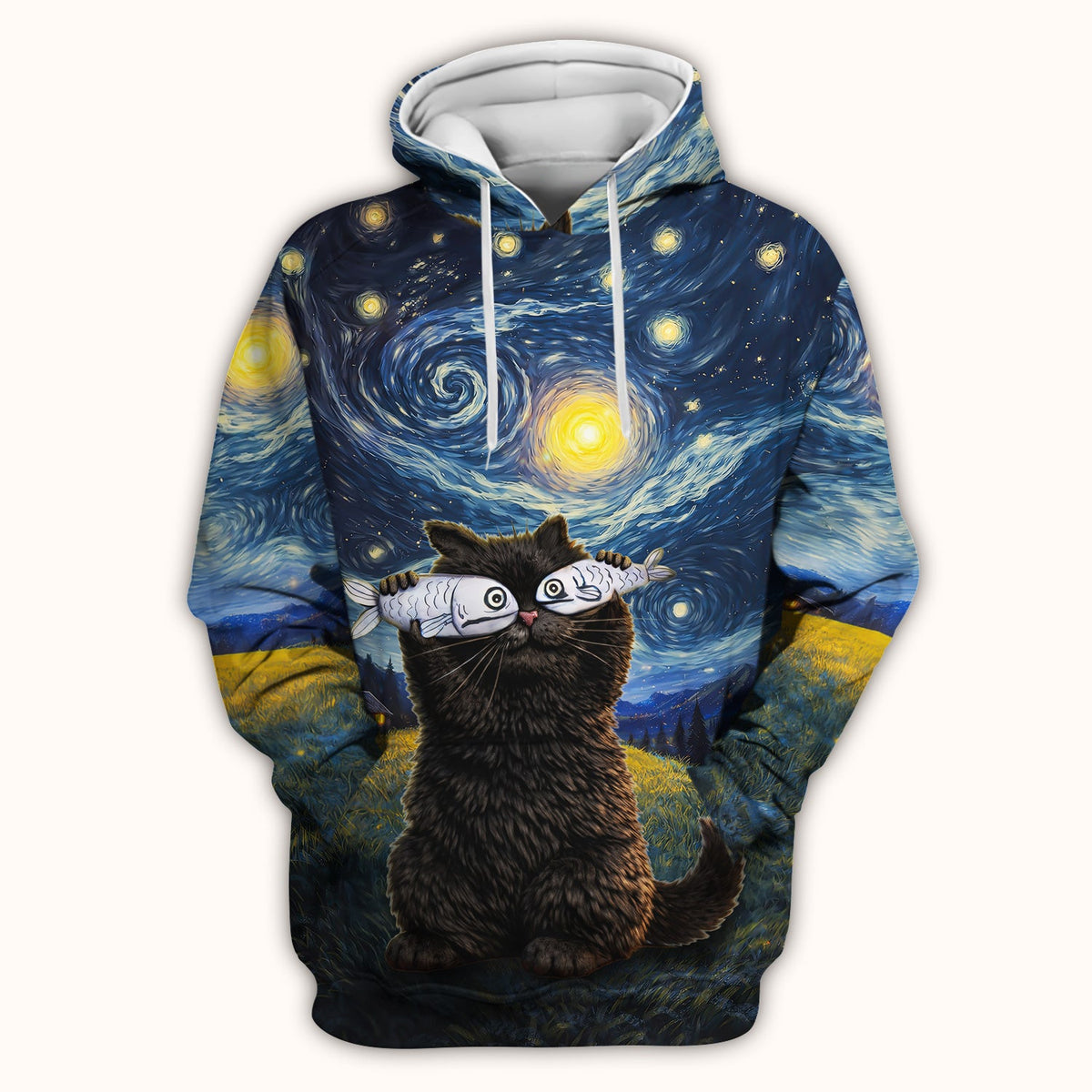 Starry Night Cat Art Print V Neck Nursing Scrub Top, for Cat Lover Nurses