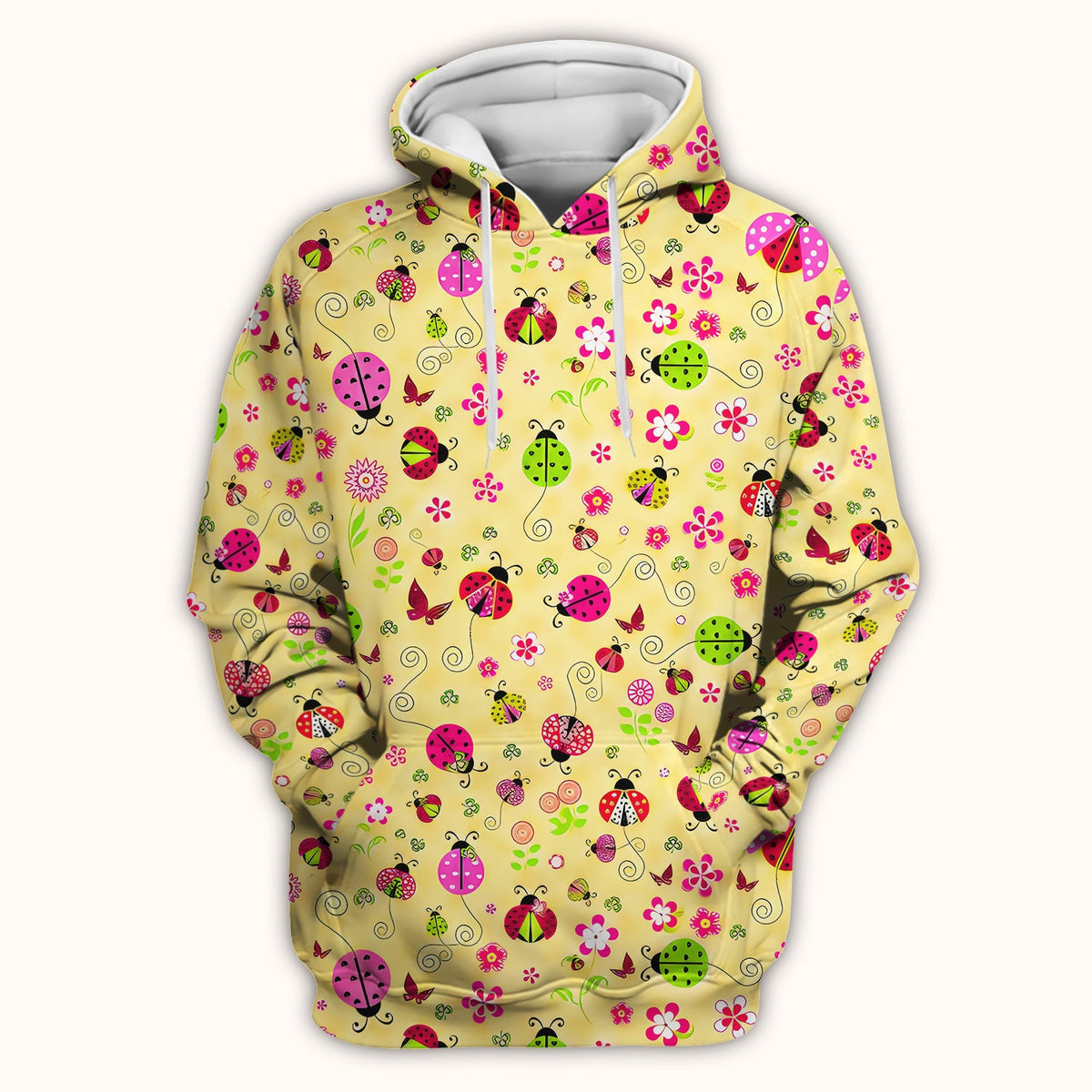 Yellow Ladybug Floral Garden Pattern Scrub Top, Breathable Fabrics Nursing Uniform
