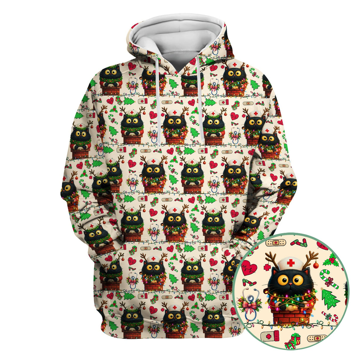 Reindeer Cat Christmas Lights Nurse Scrub Top
