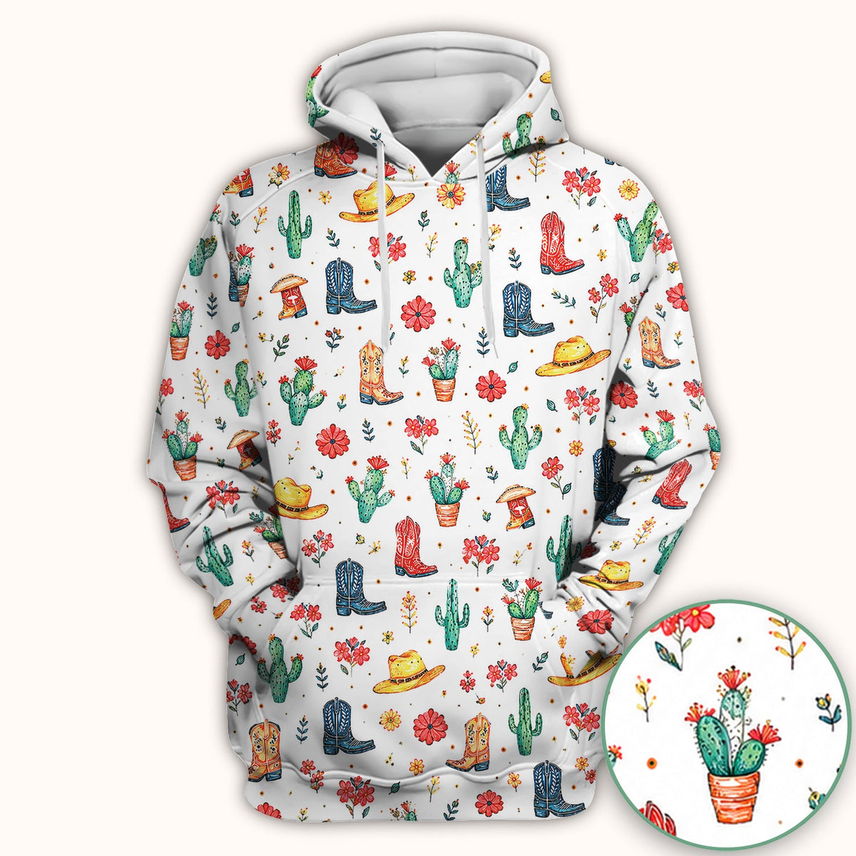 Whimsical Western Cactus Boots Pattern Scrub Top, Breathable Fabrics Nursing Uniform