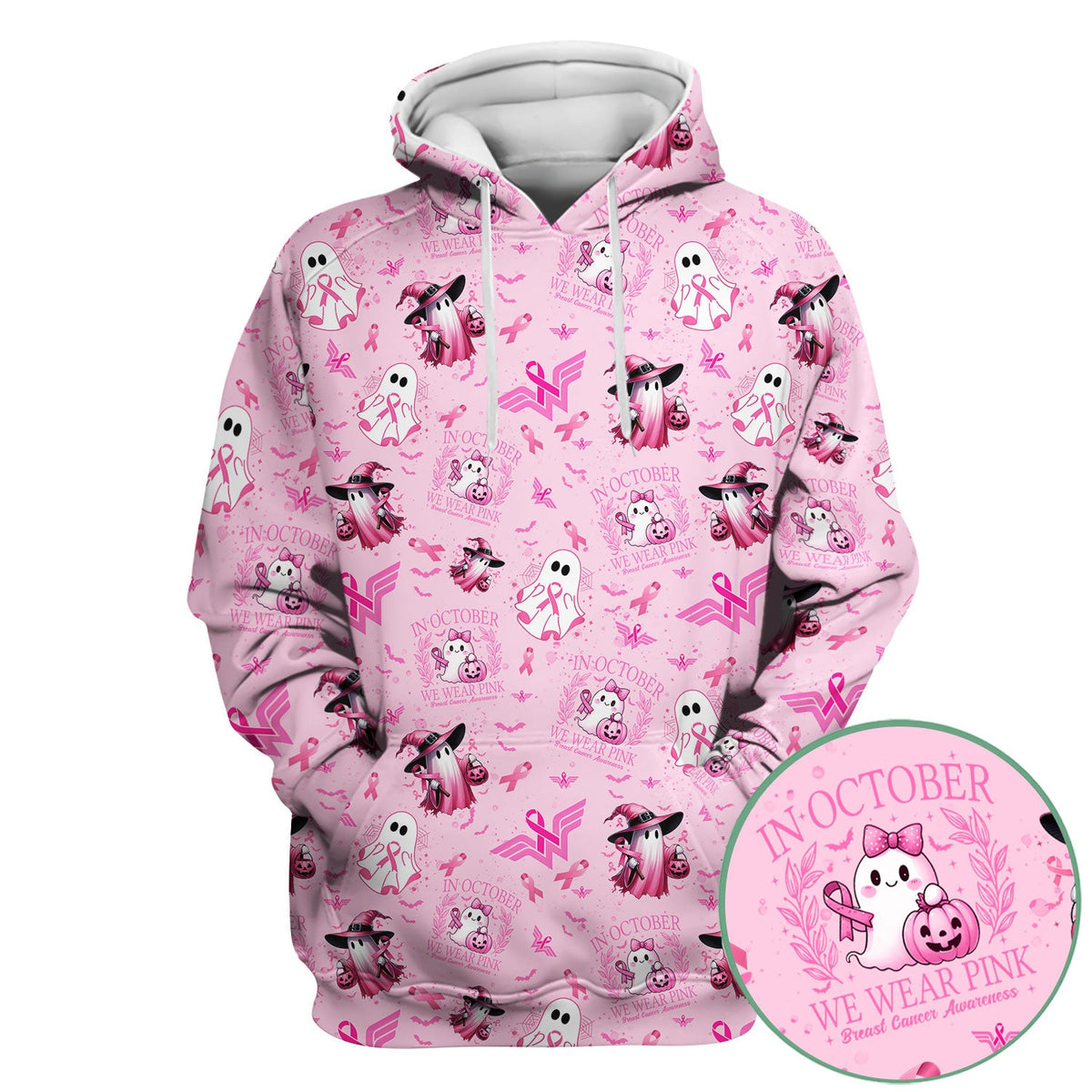Pink Ribbon Ghost Witch Nurse Scrub Top - Breast Cancer Gift