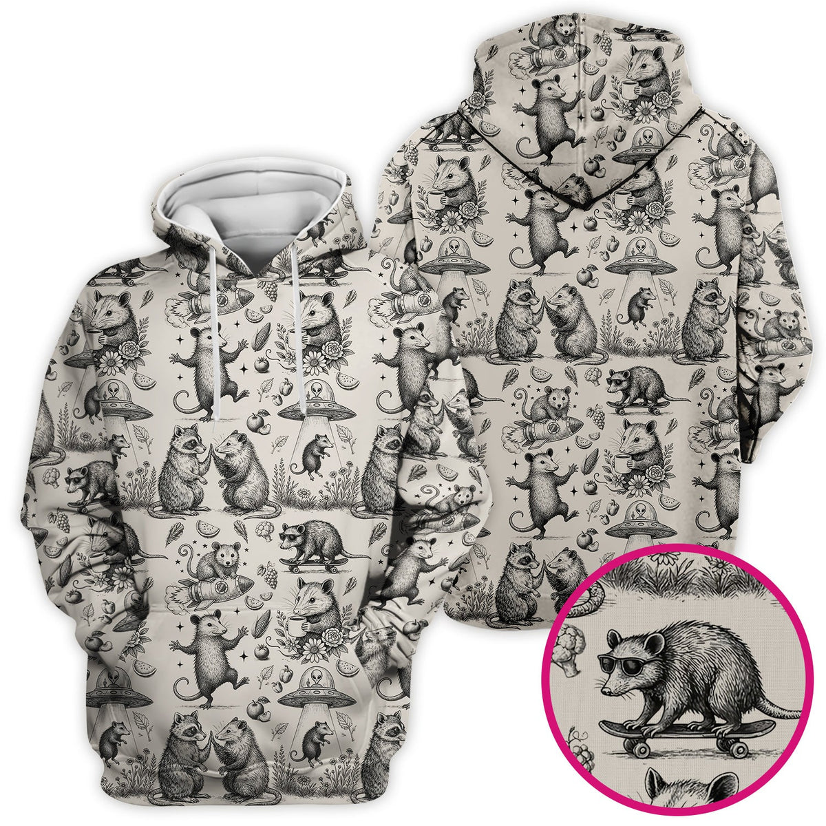 Funny Nurse Vintage Possum Raccoon High Five UFO Pattern Scrub Top, Breathable Fabrics Nursing Uniform