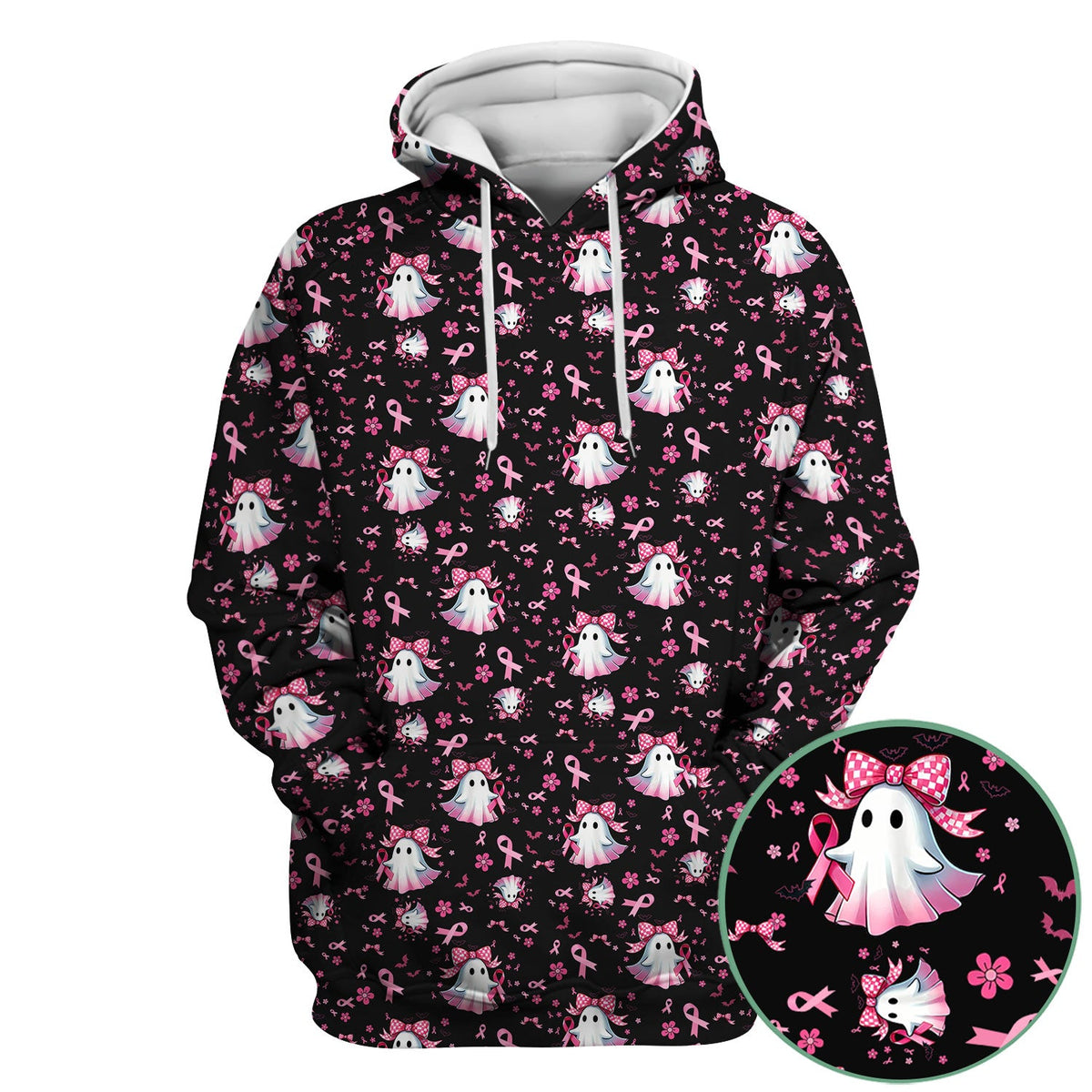 Spooky Ghost Pink Ribbon Nurse Scrub Top - Breast Cancer Gift