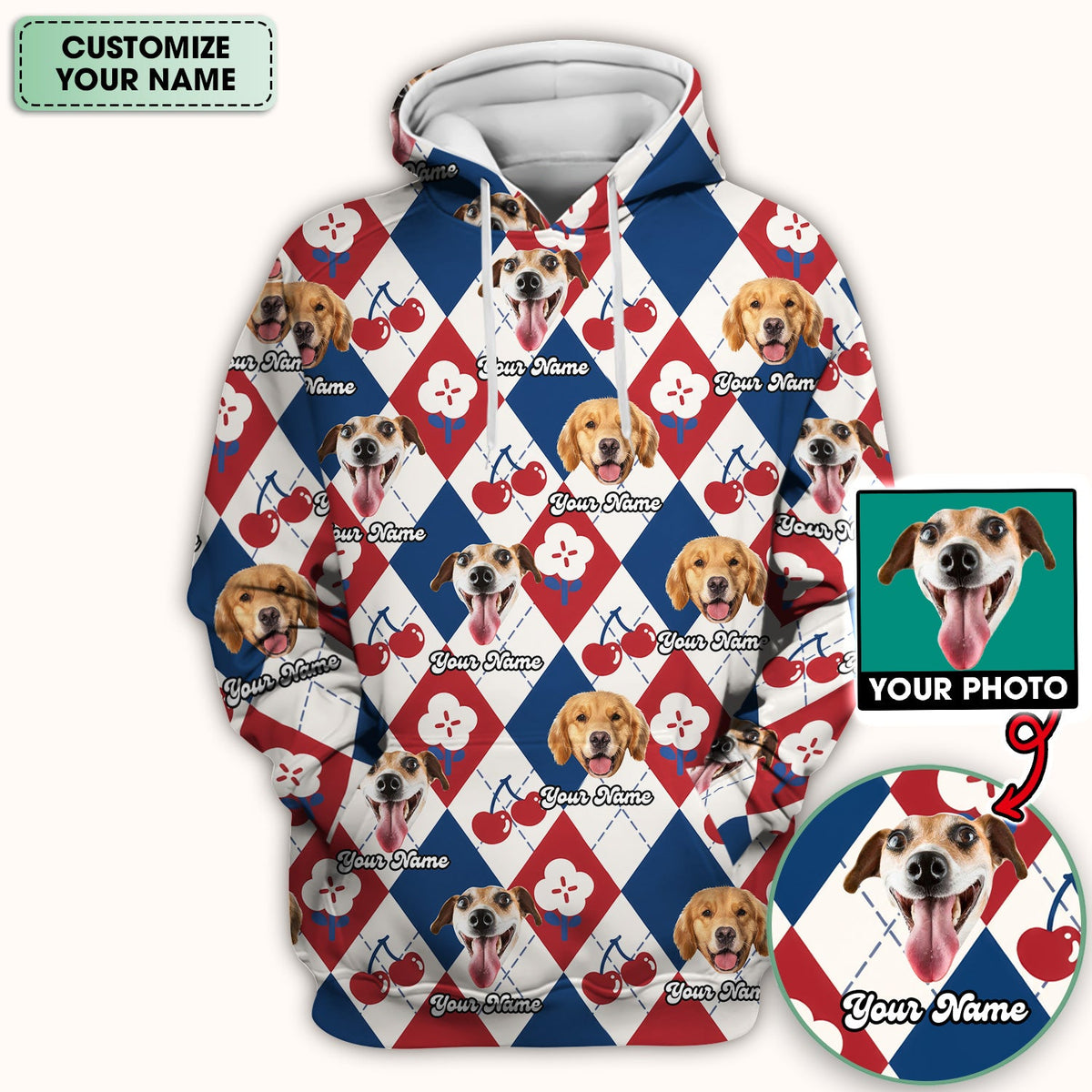 Dog Face Cherry Argyle Nurse Scrub Top