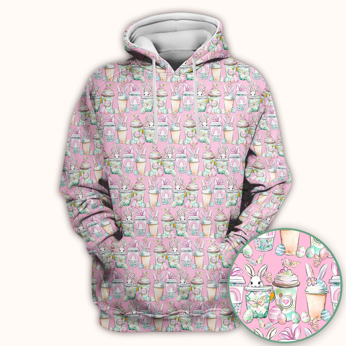 Cute Easter Bunny Coffee Cup Pattern Scrub Top, Comfortable Scrubs for Nurses
