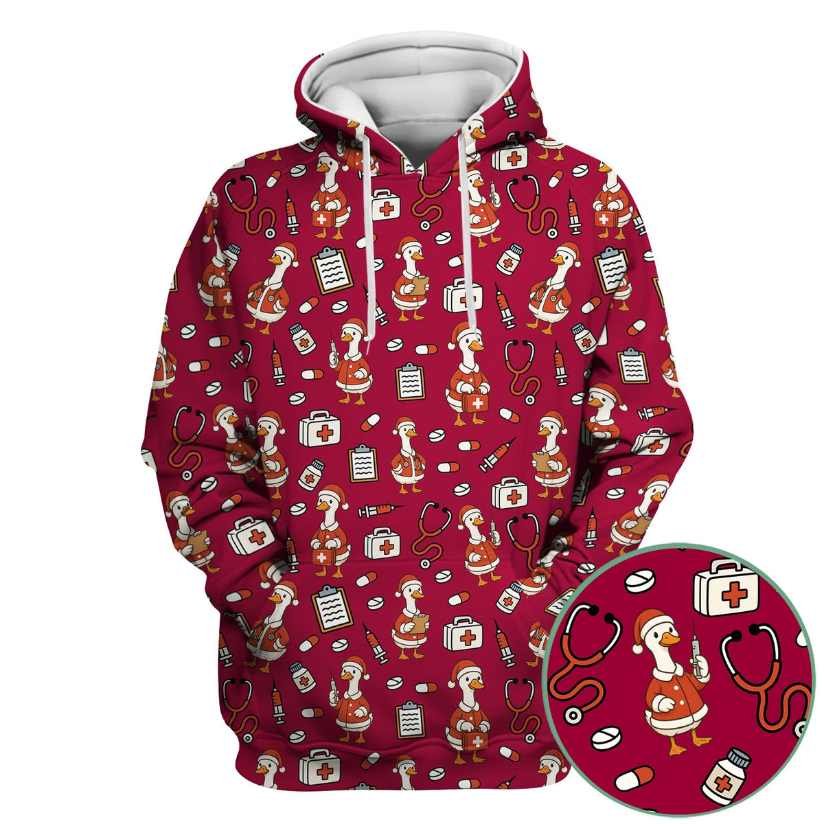 Santa Duck Nurse Scrubs - Christmas Print Medical Shirt for Women Men - Funny Holiday Scrub Top for RN CNA Doctor, Cute Xmas Gift