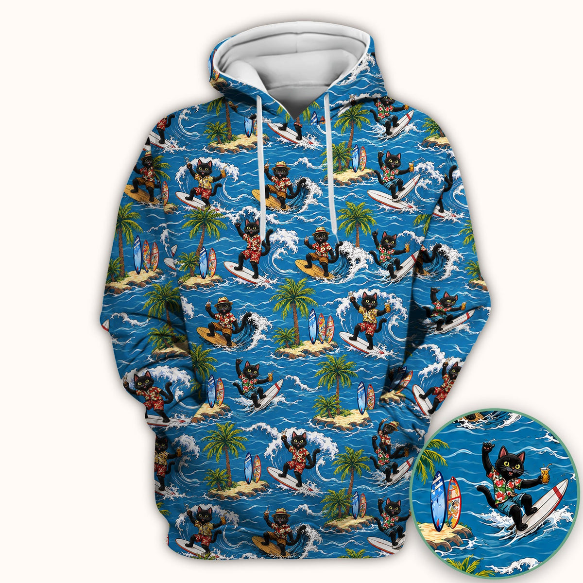 Tropical Black Cat Surfer Island Nurse Scrub Top