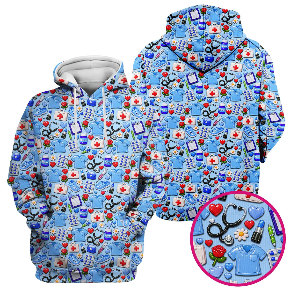 Medical Icons Scrub Top, Cute Pattern Nurse Shirt, Breathable Fabrics Nursing Uniform
