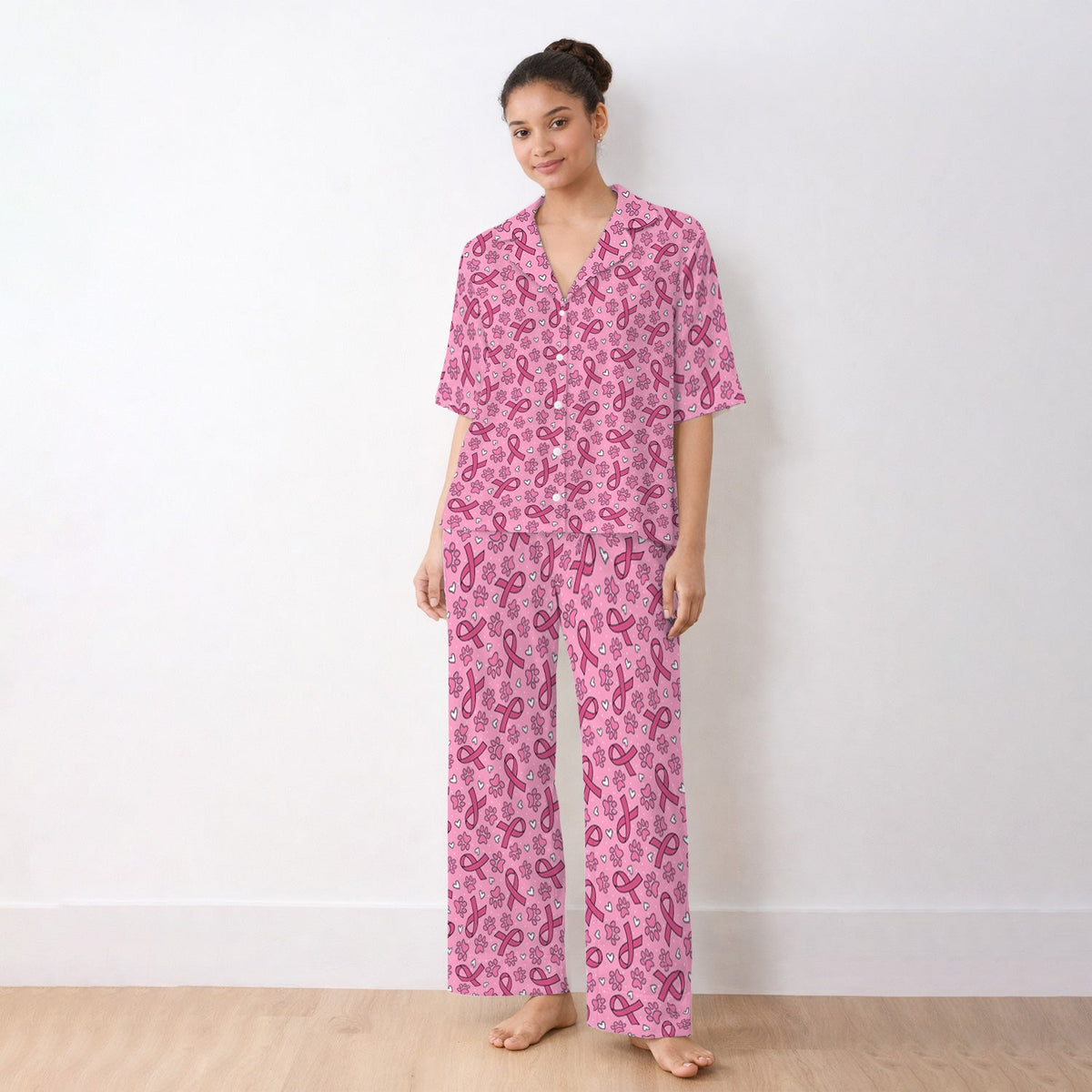 Pink Ribbon Paw Print Pajama Set
