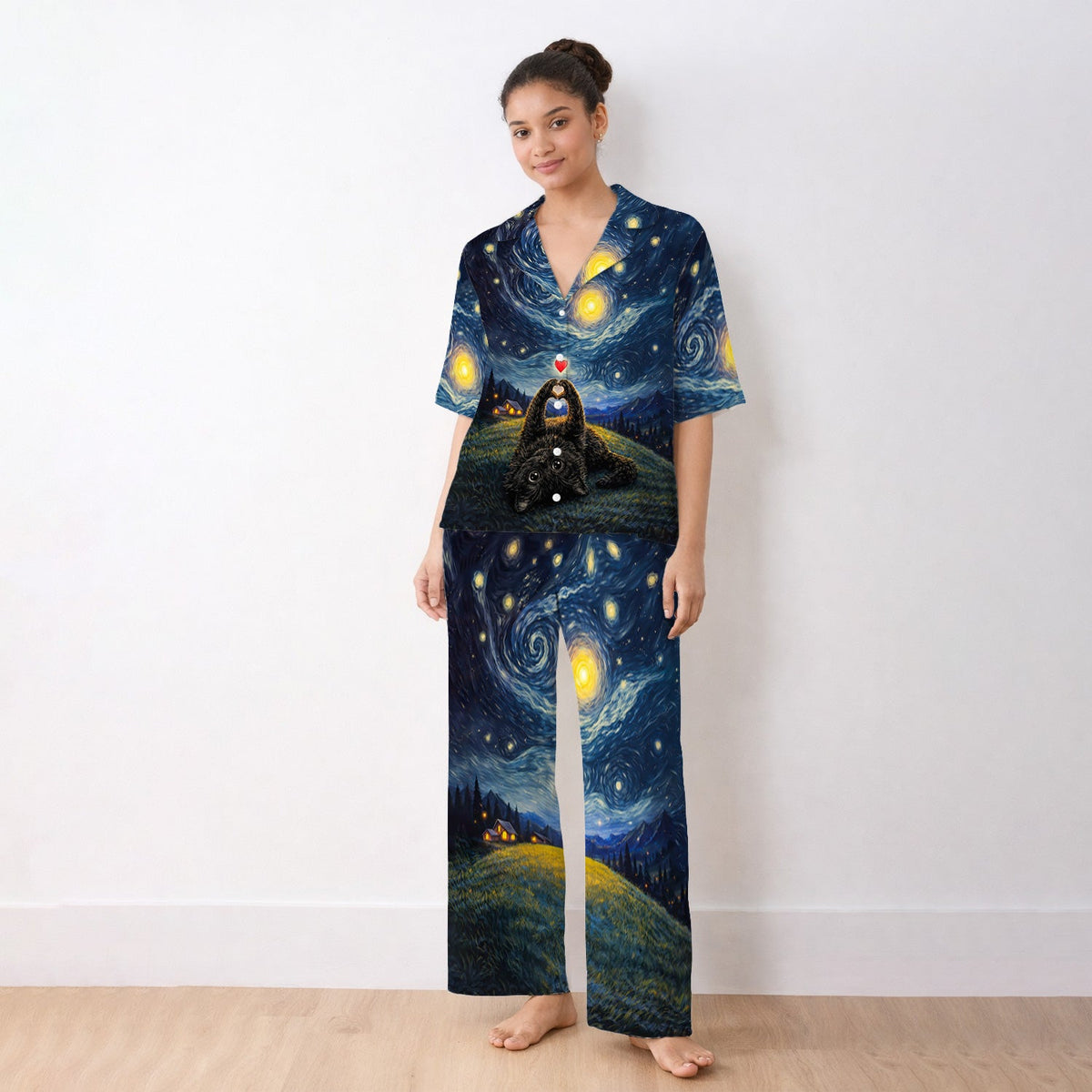 Starry Night Black Cat Heart Pajama Set