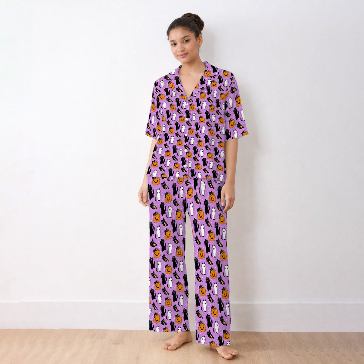 Purple Halloween Black Cat Pajama Set