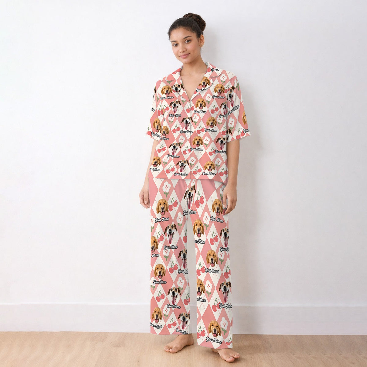 Dog Face Cherry Argyle Pajama Set