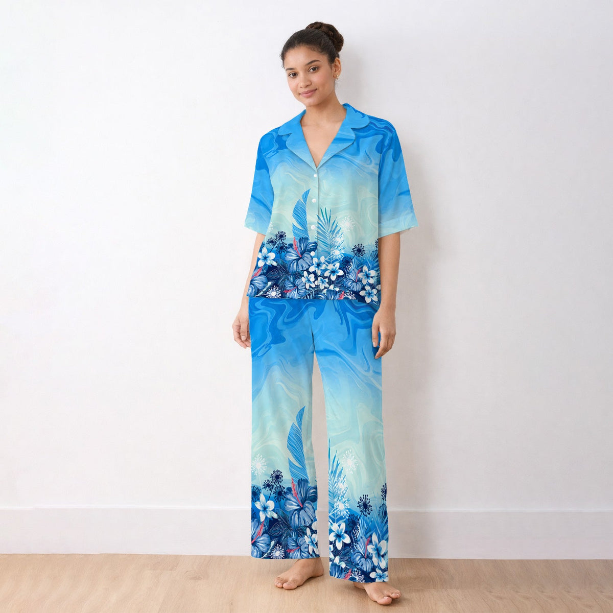 Elegant Blue Tropical Floral Pajama Set