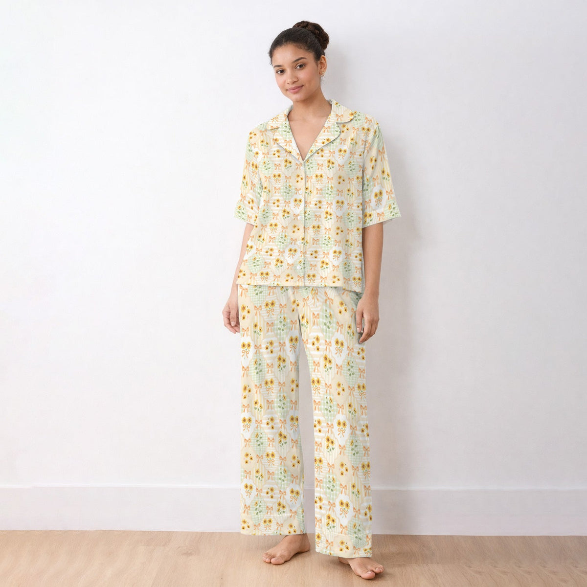 Sunflower Ribbon Patchwork Nurse Pajama Set