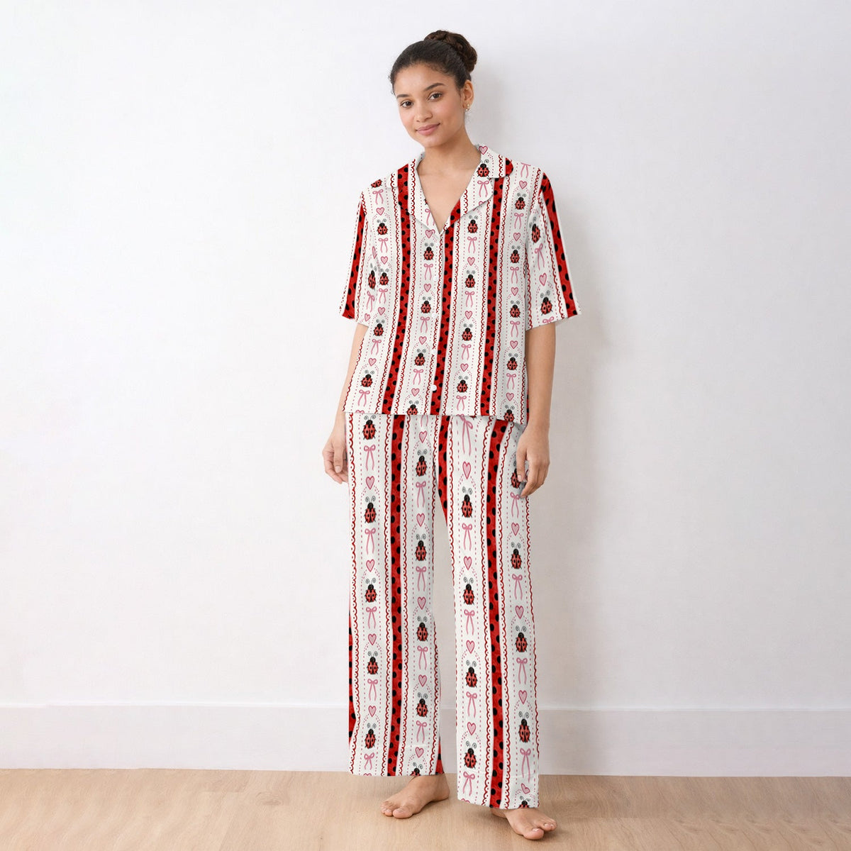Ladybug Heart Bow Stripe Pajama Set