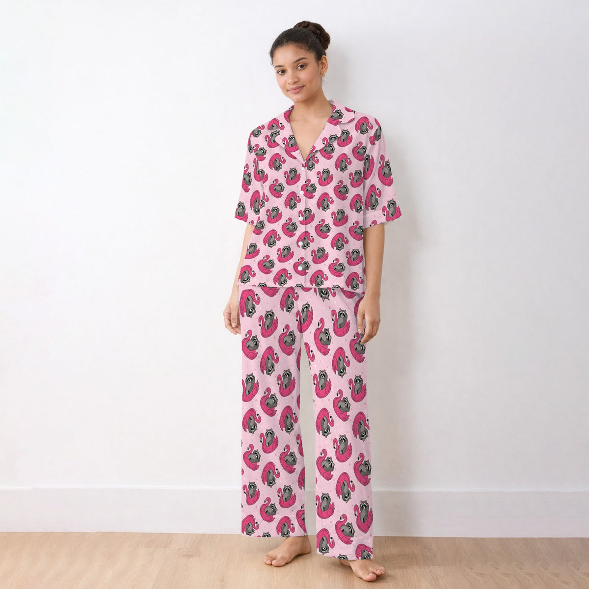 Raccoon Flamingo Float Nurse Pajama Set