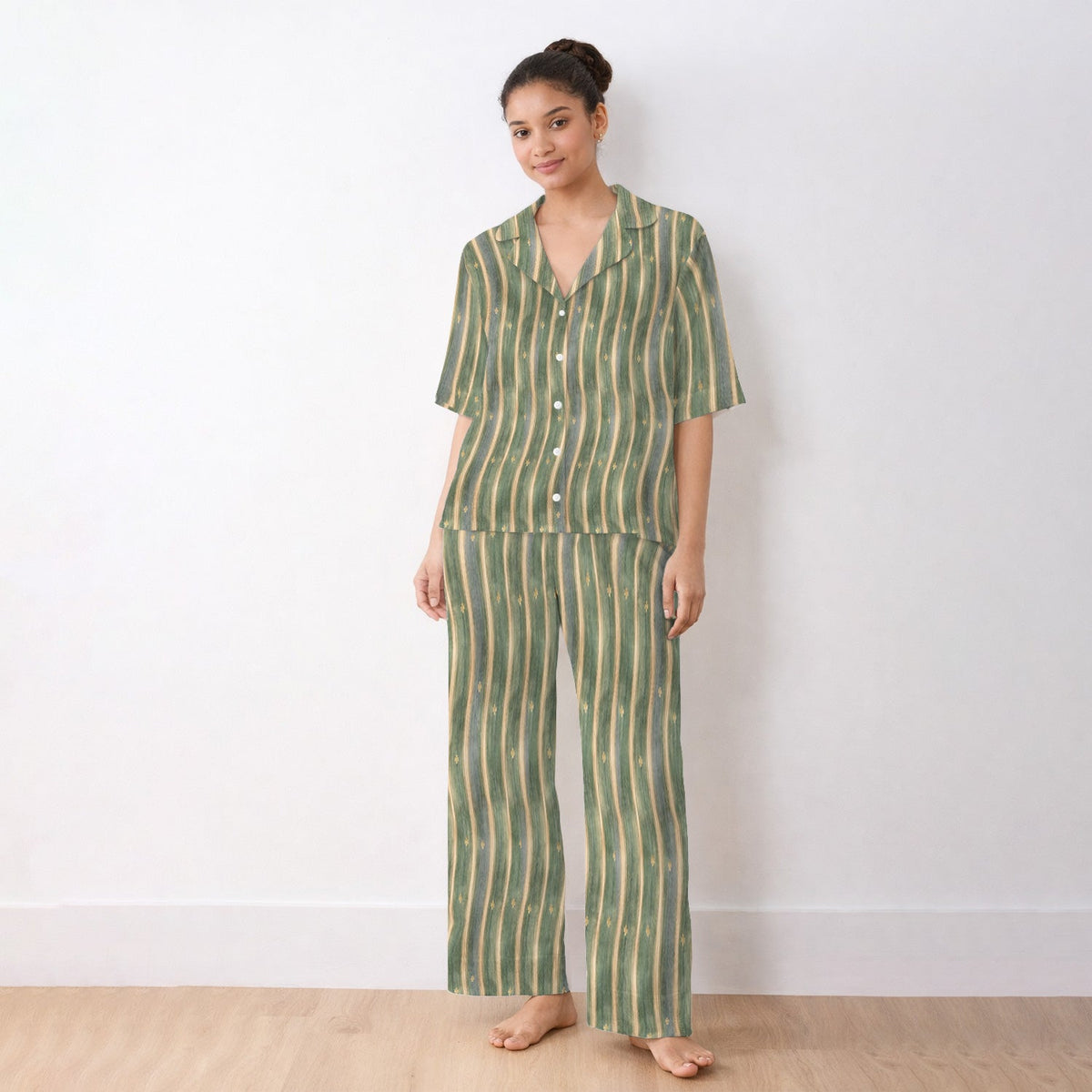 Nurse Green Vertical Stripe Floral Pajama Set