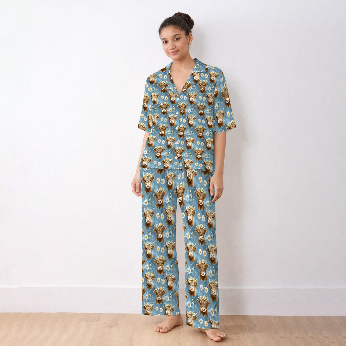 Highland Cow Daisy Flower Pajama Set For Nurse