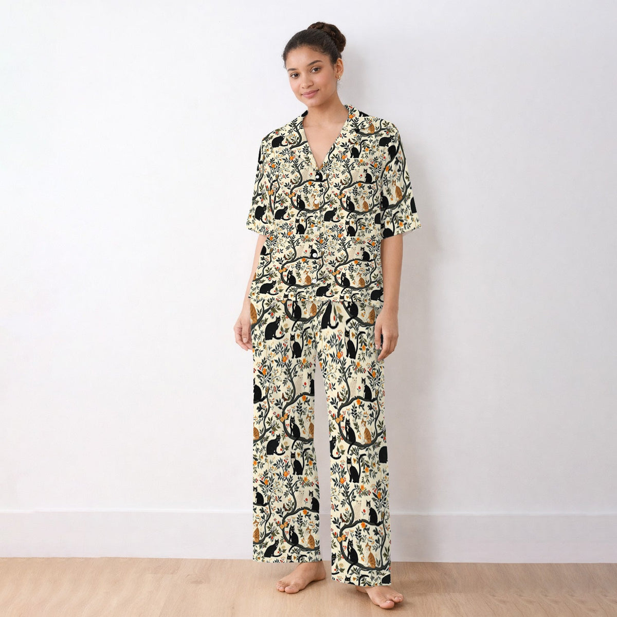 Vintage Black Cat Floral Pajama Set