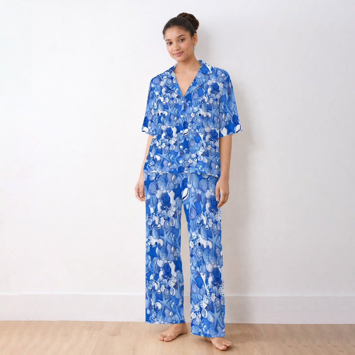 Blue Seashell Starfish Ocean Nurse Pajama Set