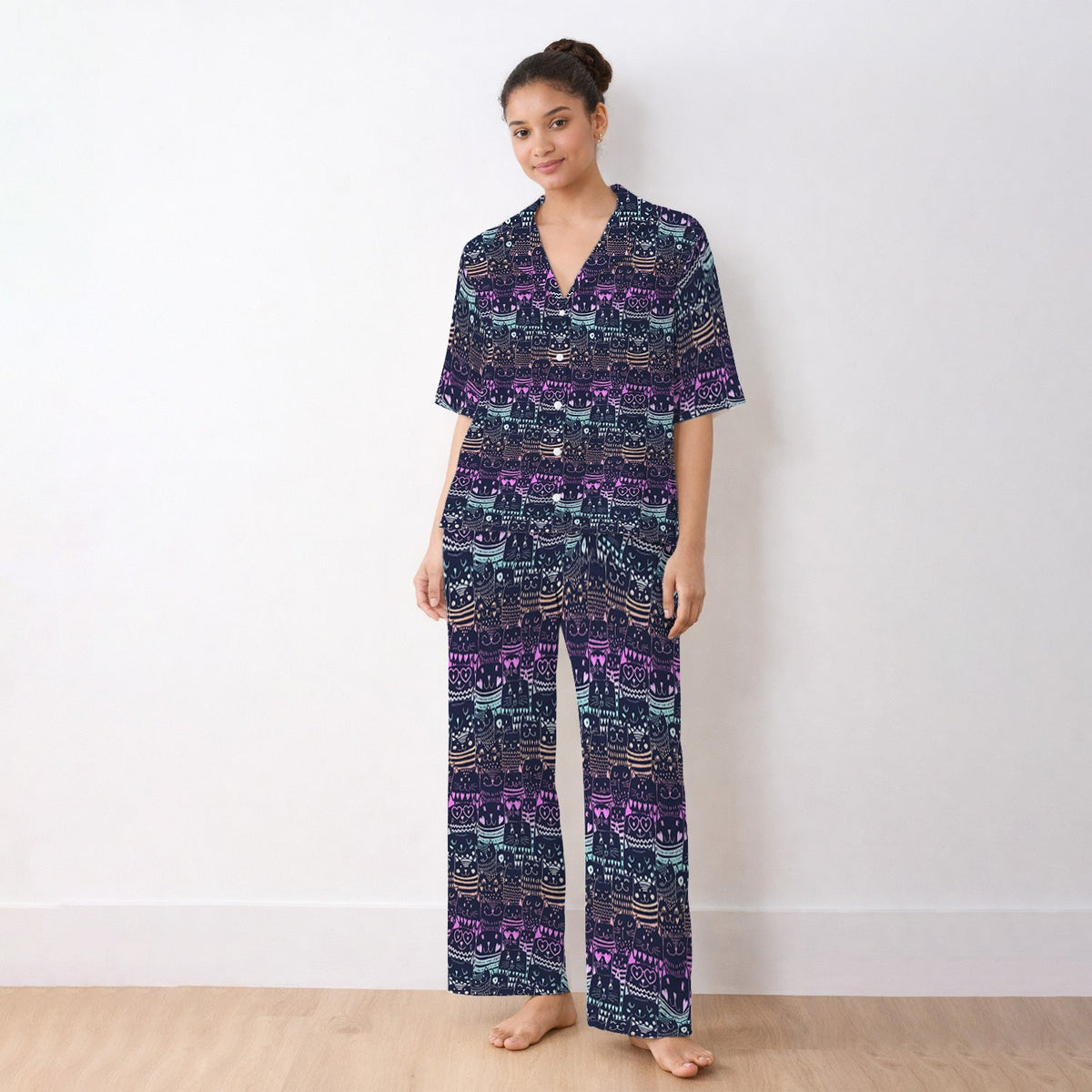 Neon Cat Faces Pajama Set