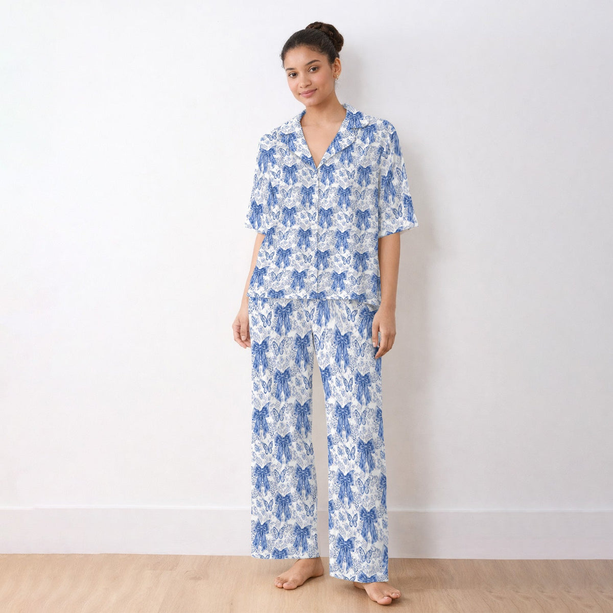Blue Bow Butterfly Vintage Floral Pajama Set