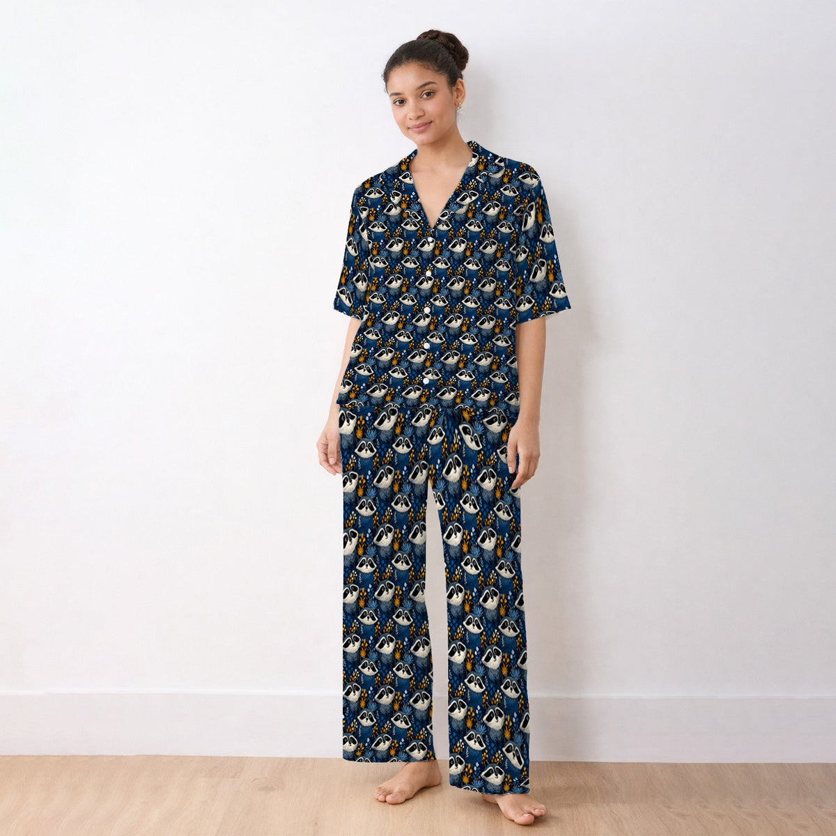 Raccoon Blue Floral Forest Pajama Set